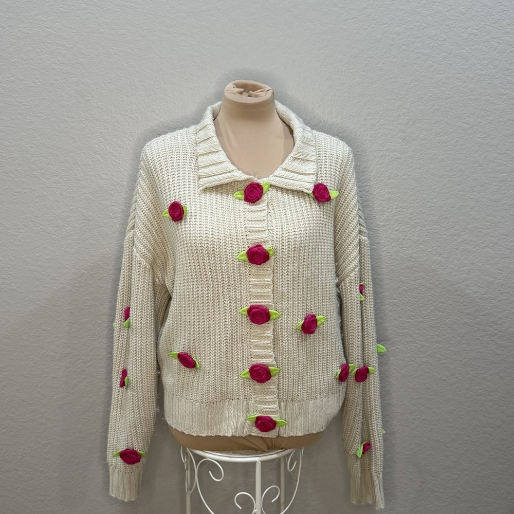 Sweet Society Knit Coquette Cardigan with 3D Roses Cottagecore Phoebe Twee Sz L